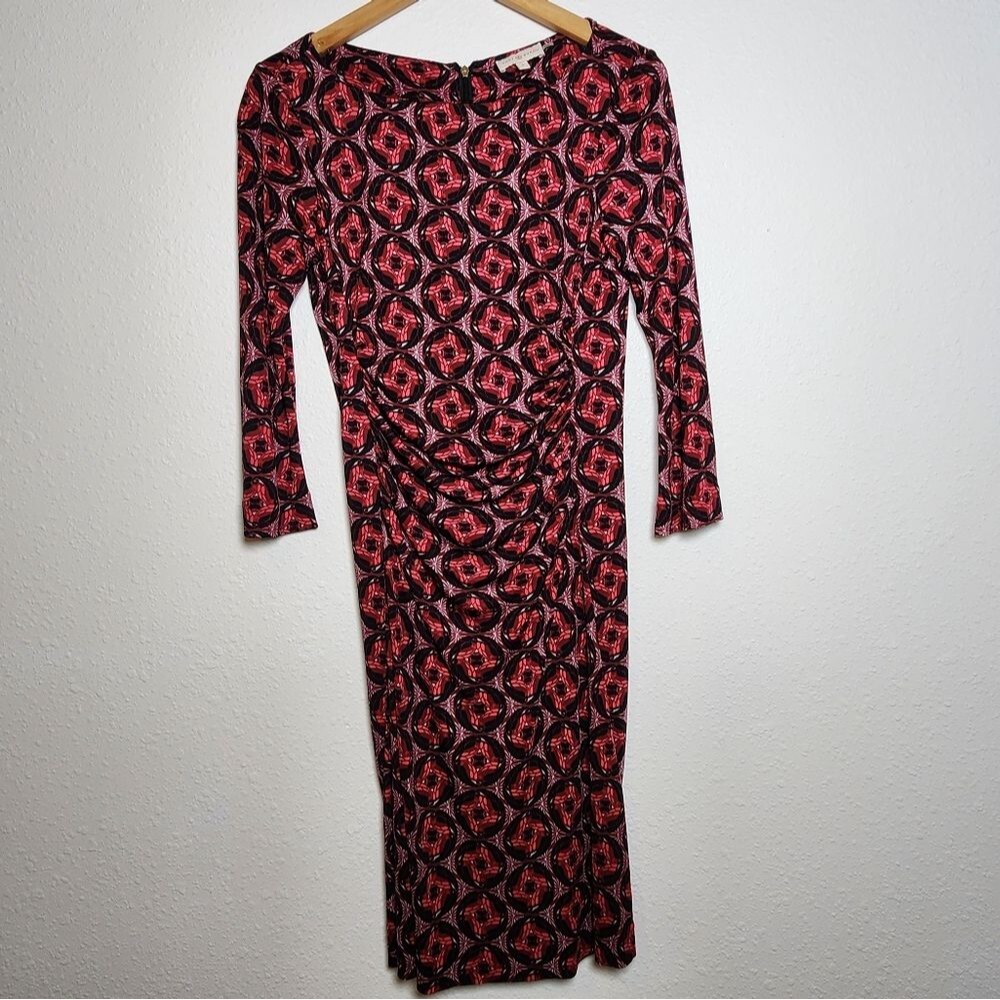 Tory Burch Red Black Geometric Print Midi Sheath Dress 3/4 Sleeve Ruched Small
